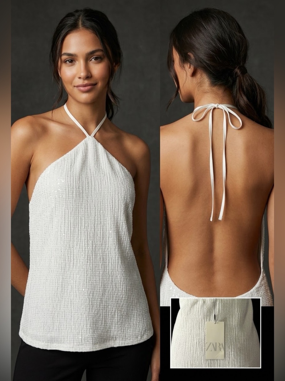 Zara White Sequin Halter Tie-Back Top